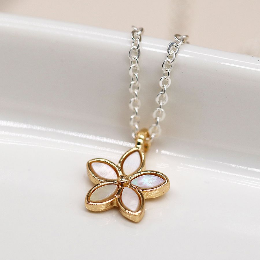 POM Golden Shell Inset Flower Pendant on Silver Plated Chain - More Than Just a Gift | Narborough Hall