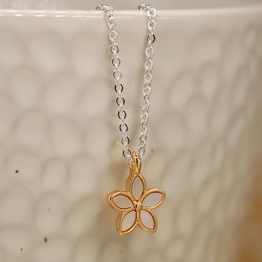 POM Golden Shell Inset Flower Pendant on Silver Plated Chain - More Than Just a Gift | Narborough Hall
