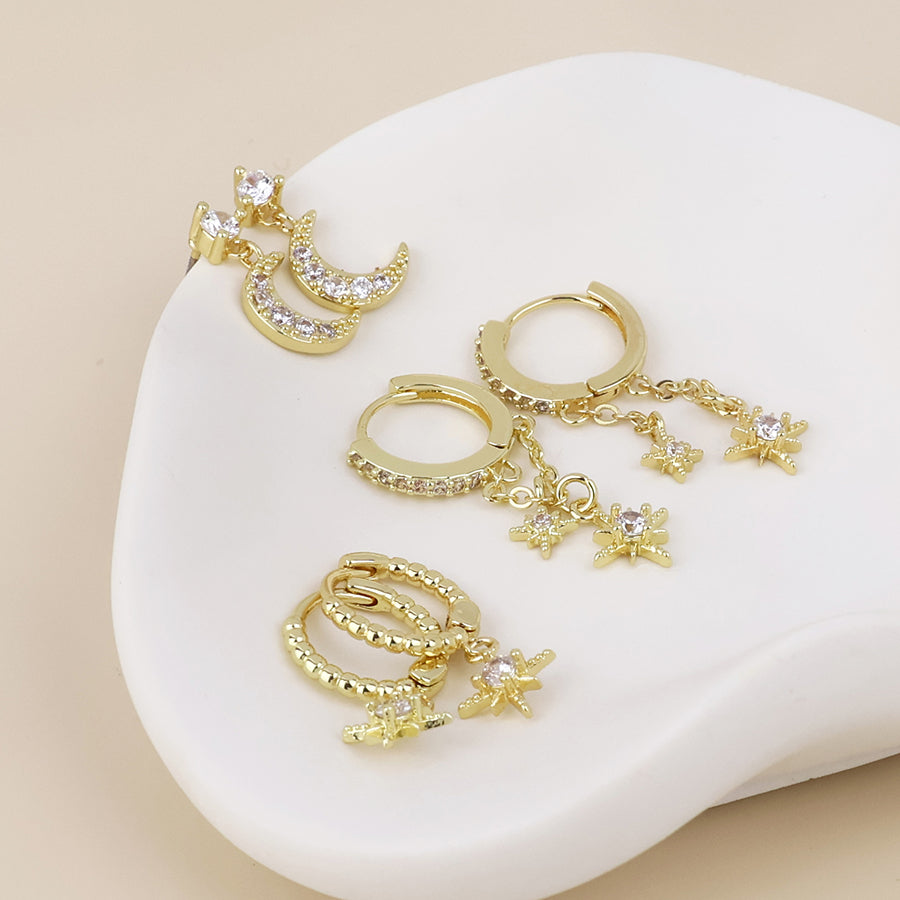 POM Doris Golden triple celestial crystal earrings set