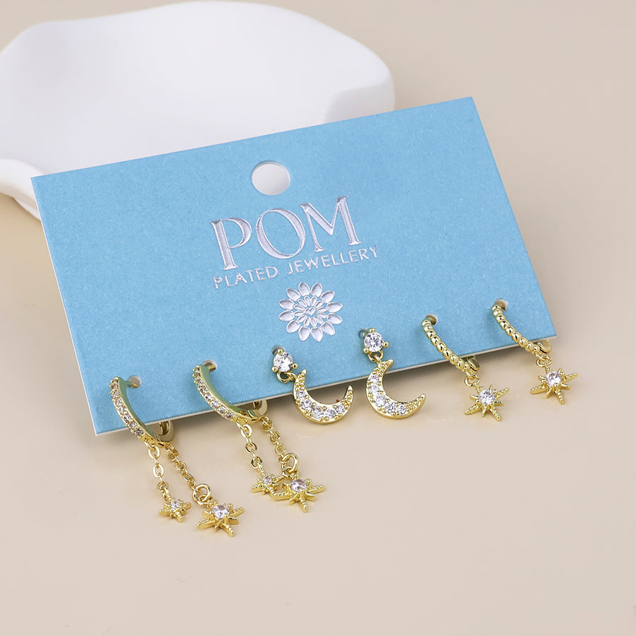 POM Doris Golden triple celestial crystal earrings set