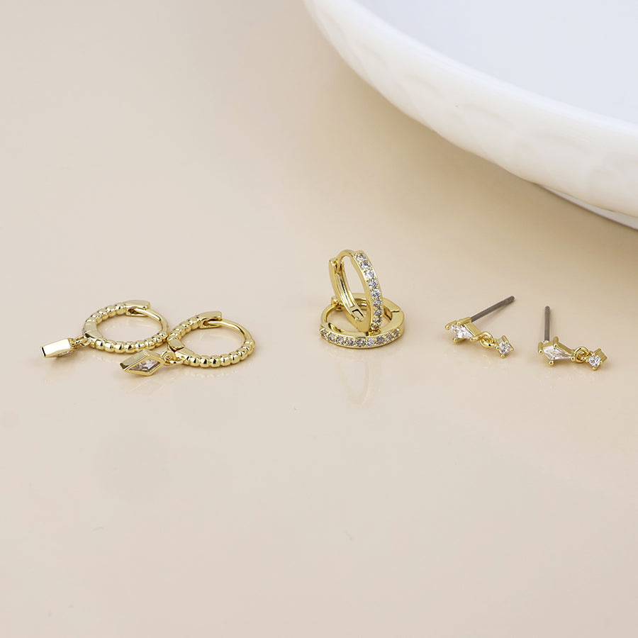 POM Laura Golden crystal polygon drop, stud and hoop earrings set