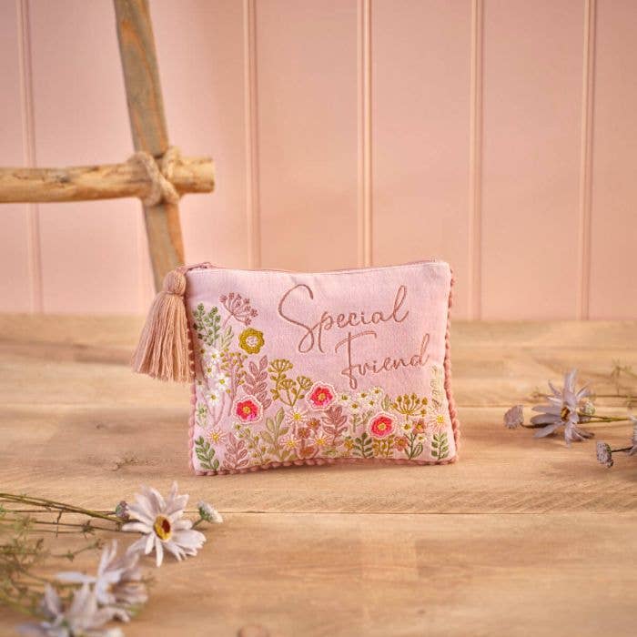 Ditsy Floral Velvet Fabric Embroidery And Glass Beads Special Friend Pouch With Tassel