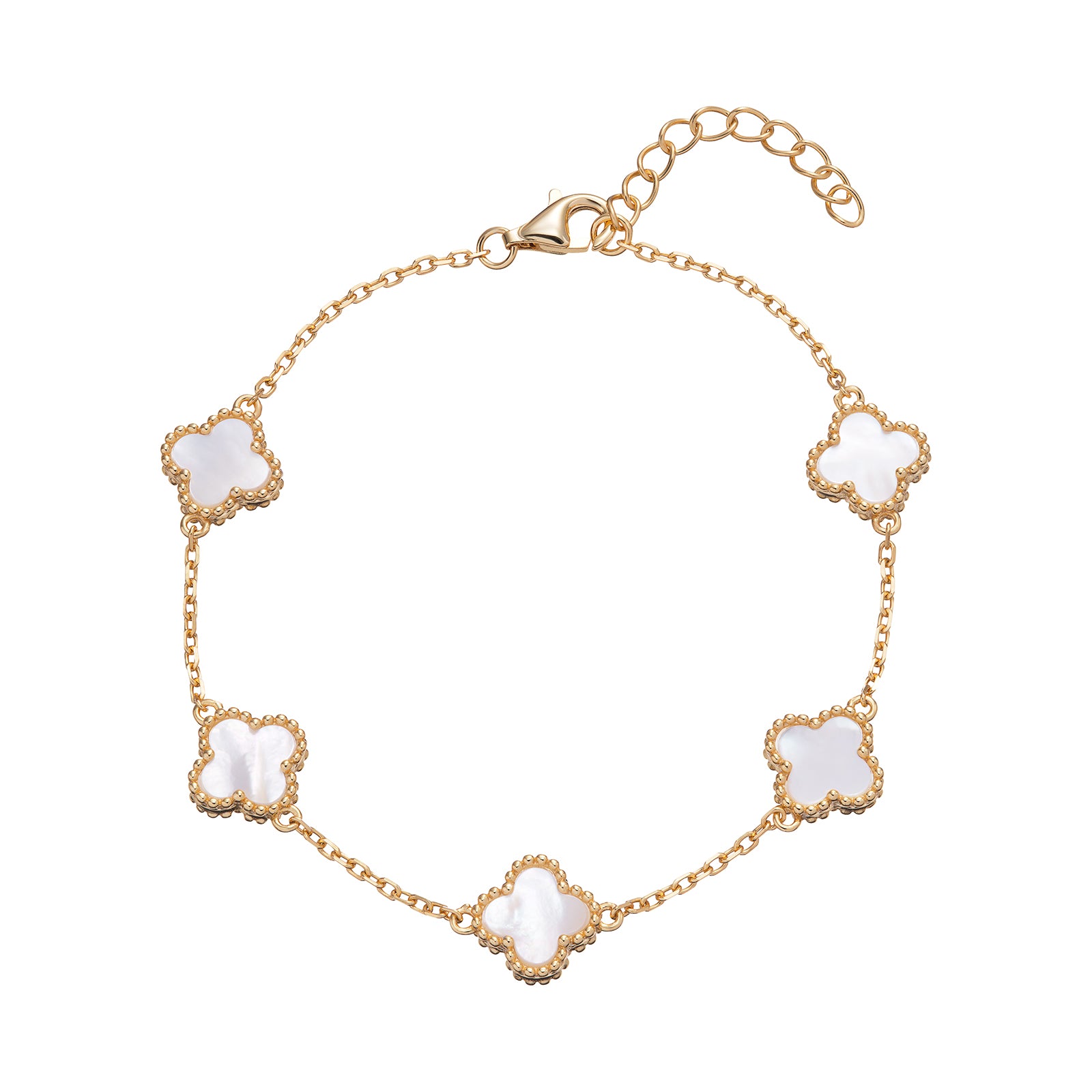Sterling Silver Gold Plated Mother Of Pearl Clover Bracelet