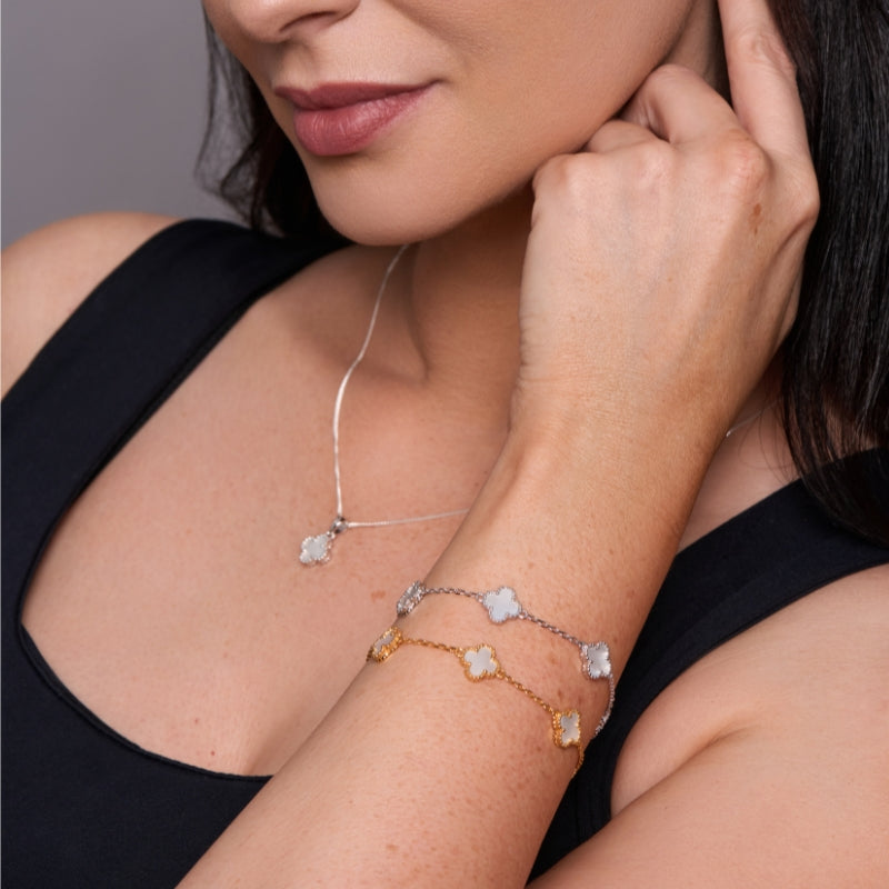 Sterling Silver Gold Plated Mother Of Pearl Clover Bracelet