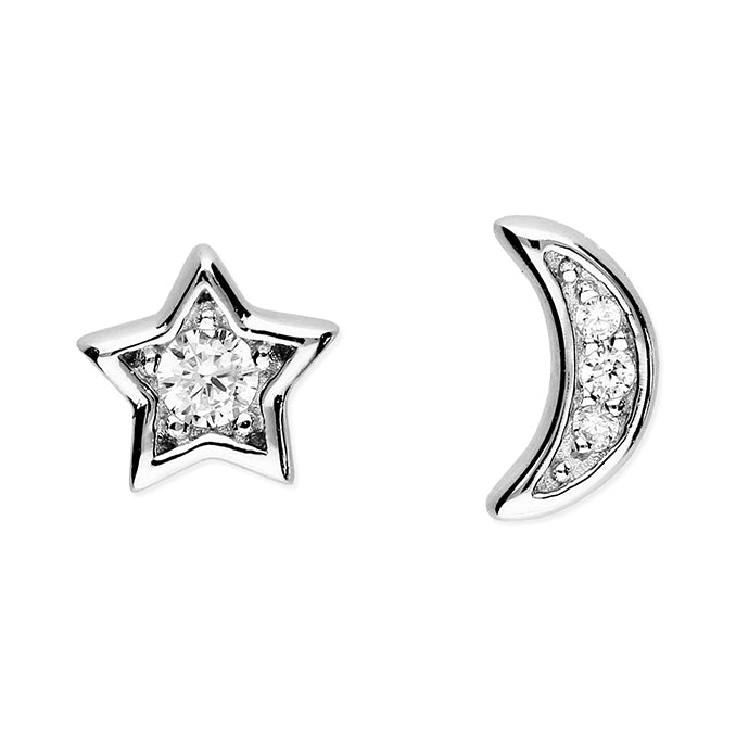 Sterling Silver Small Cubic Zirconia Star and Moon Stud Earrings - More Than Just a Gift | Narborough Hall