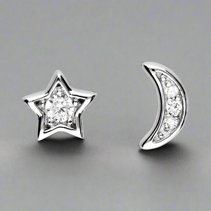 Sterling Silver Small Cubic Zirconia Star and Moon Stud Earrings - More Than Just a Gift | Narborough Hall
