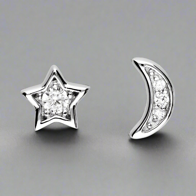 Sterling Silver Small Cubic Zirconia Star and Moon Stud Earrings - More Than Just a Gift | Narborough Hall