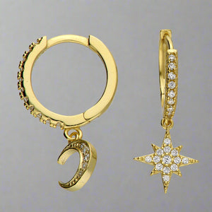 Sterling Silver Gold Plate/CZ Star & Moon Huggie Earrings - More Than Just a Gift | Narborough Hall