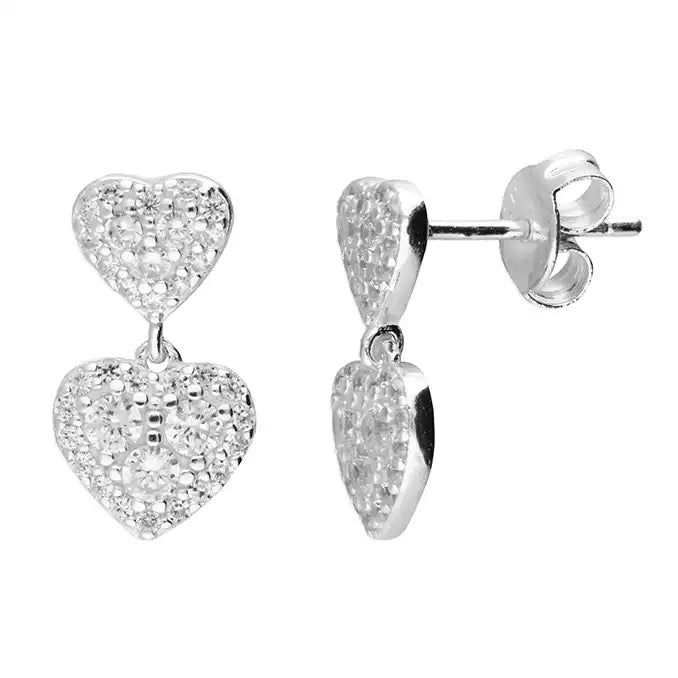 Sterling Silver CZ Double Heart Drop Earrings