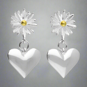 Iris & Miel Sterling Silver Daisy and Heart Drop Stud Earrings - More Than Just a Gift | Narborough Hall