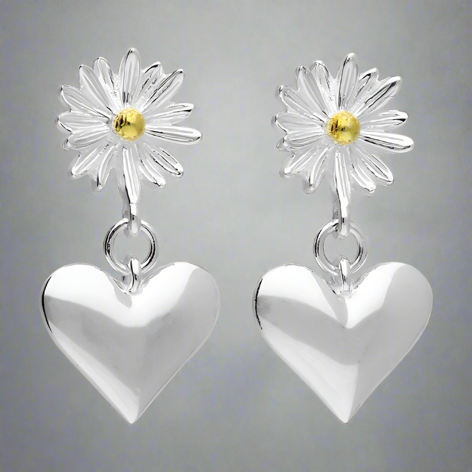 Iris & Miel Sterling Silver Daisy and Heart Drop Stud Earrings - More Than Just a Gift | Narborough Hall