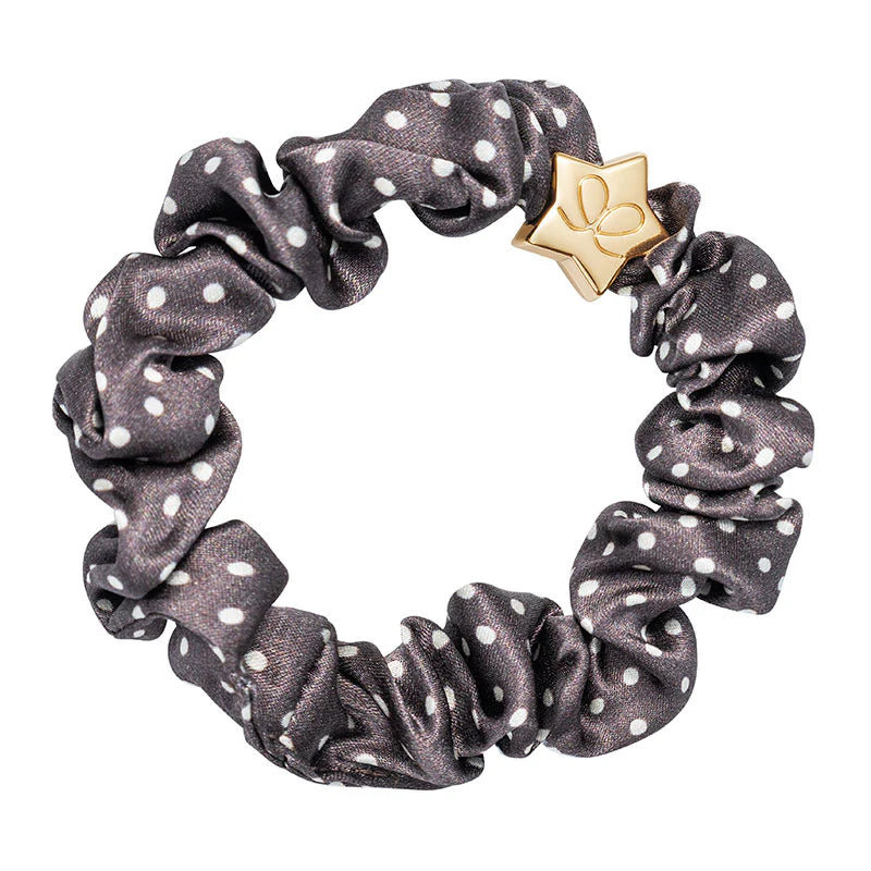 Mocha Polka Dot 100% Silk Scrunchie with Gold Heart