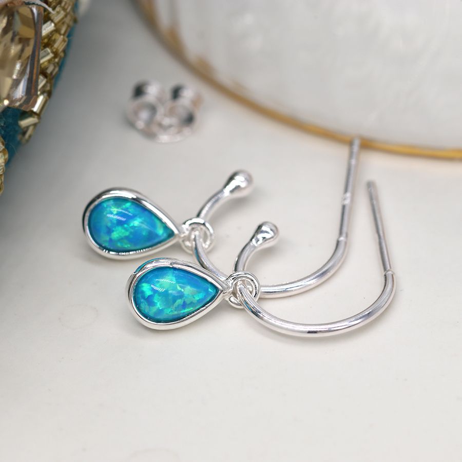 POM Sterling Silver Open Hoop Blue Opal Drop Earrings - More Than Just a Gift | Narborough Hall