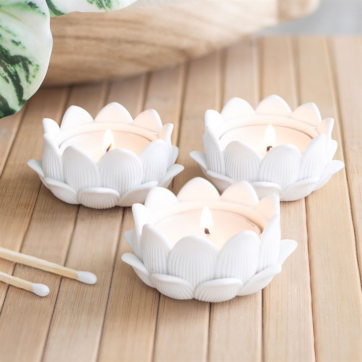 Set of 3 White Lotus Flower Resin Tealight Holders