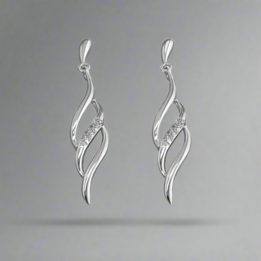 Sterling Silver Triple Wave with White Cubic Zirconias Drop Earrings - More Than Just a Gift | Narborough Hall
