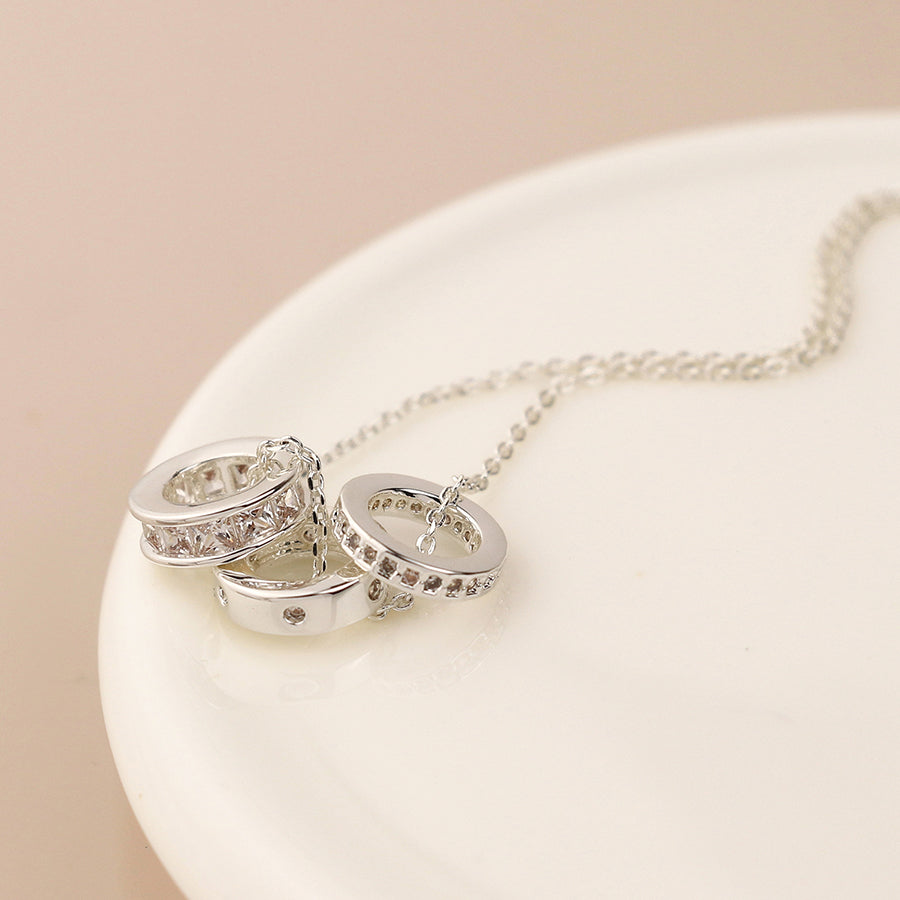 POM Silver Plated Triple Mini Crystal Rings Necklace - More Than Just a Gift | Narborough Hall