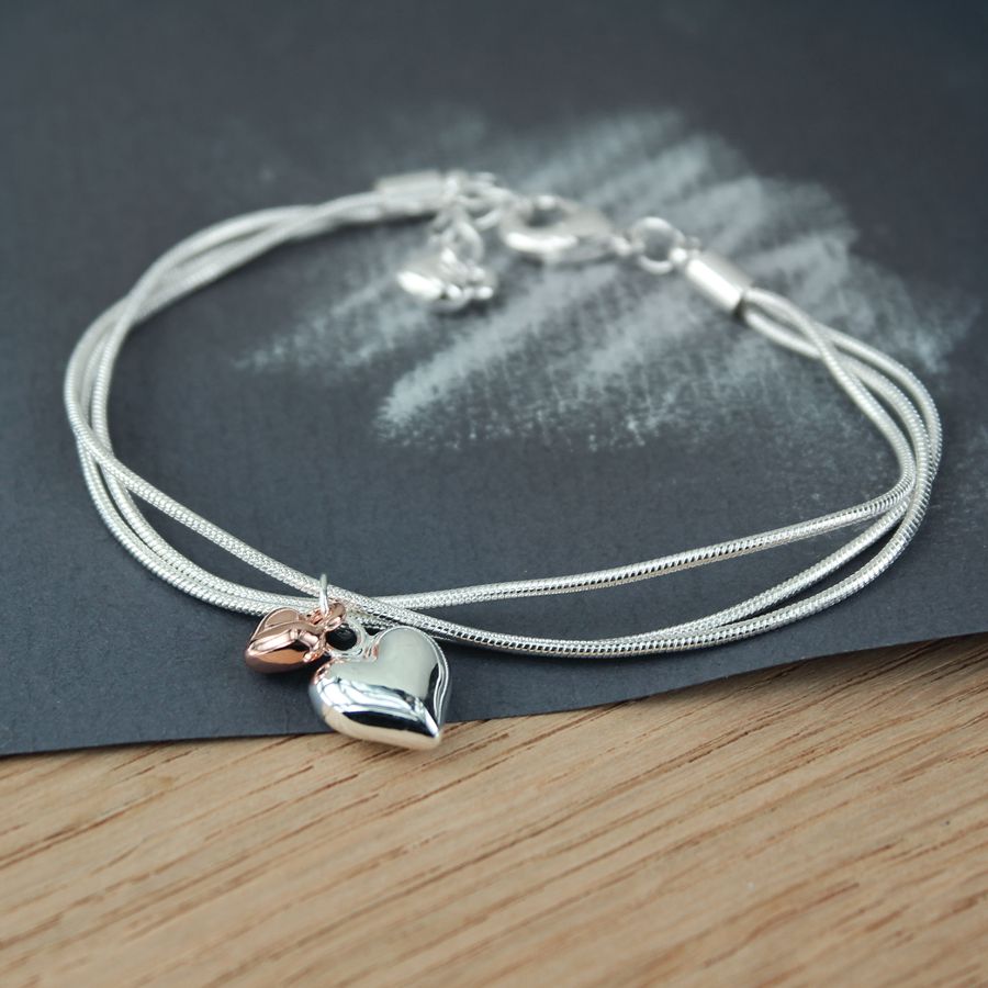 POM Silver Heart & Rose Gold Small Heart Chain Bracelet - More Than Just a Gift | Narborough Hall