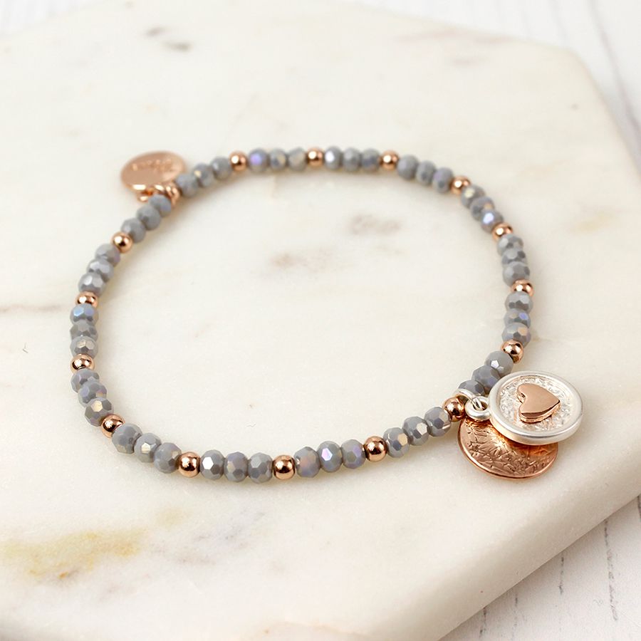 POM Rose Gold Heart Disc Grey Bead Bracelet - More Than Just a Gift | Narborough Hall