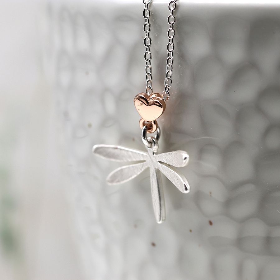 POM Silver Plated Brushed Dragonfly Necklace With Rose Gold Plated Heart