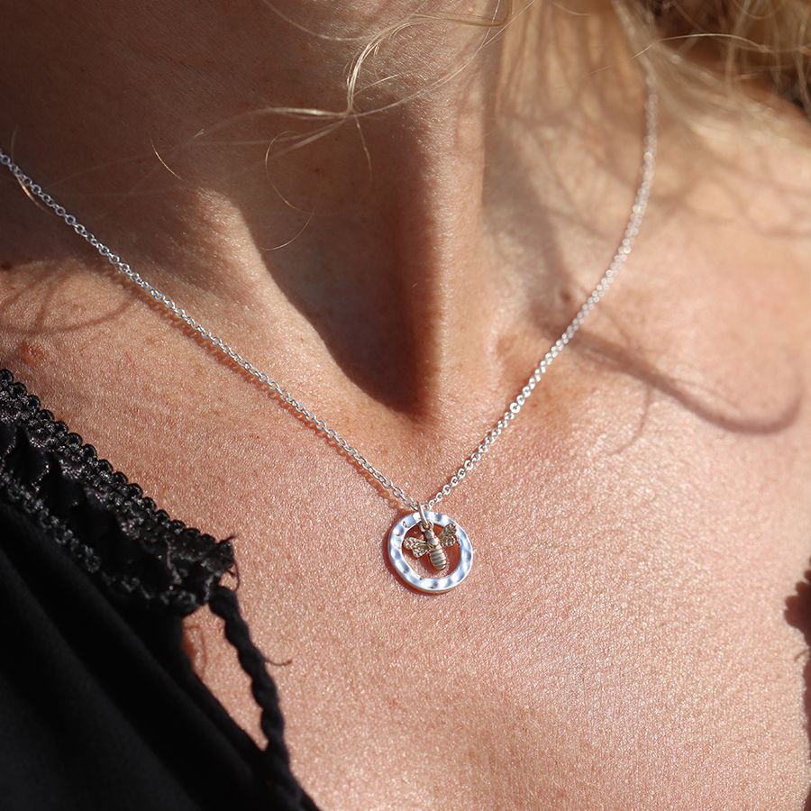 POM Silver Plated Hammered Hoop And Golden Bee Necklace - More Than Just a Gift | Narborough Hall