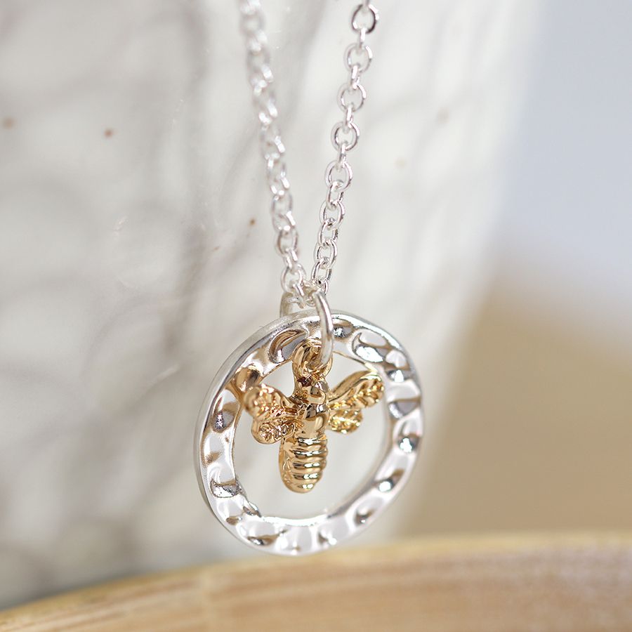 POM Silver Plated Hammered Hoop And Golden Bee Necklace - More Than Just a Gift | Narborough Hall