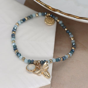POM Aqua Crystal Bead Bracelet with Bee Charm and Round Crystal - More Than Just a Gift | Narborough Hall
