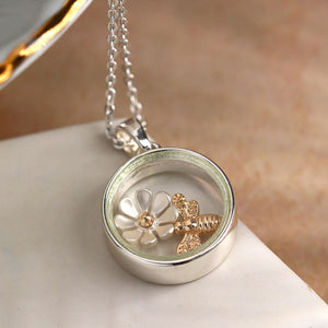 POM Silver Plated Circle Frame Necklace with Golden Bee and Daisy Charm - More Than Just a Gift | Narborough Hall