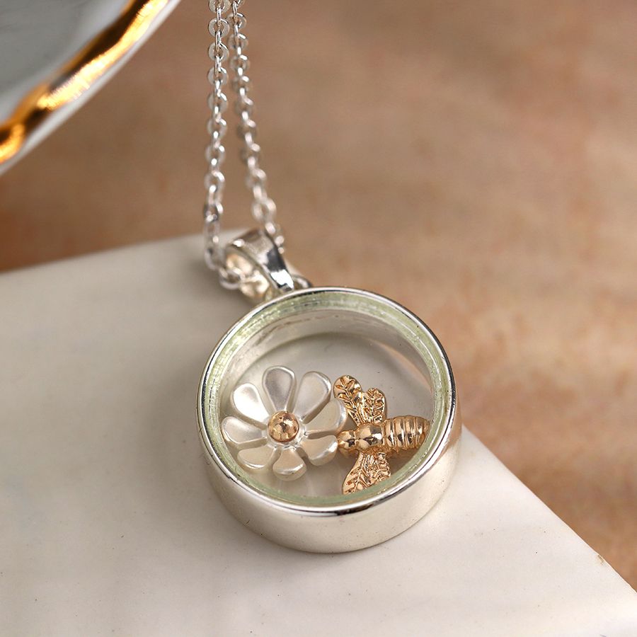 POM Silver Plated Circle Frame Necklace with Golden Bee and Daisy Charm - More Than Just a Gift | Narborough Hall