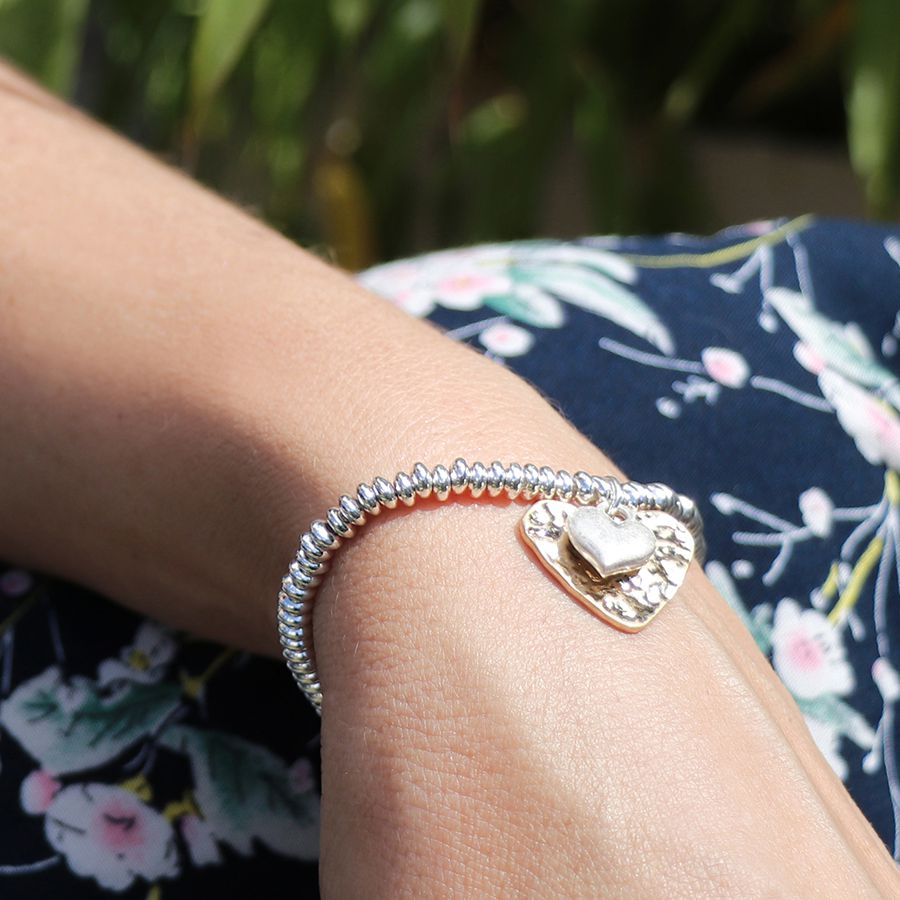 POM Silver Plated Bead Bracelet with Golden Hammered Heart and Silver Puff Heart - More Than Just a Gift | Narborough Hall