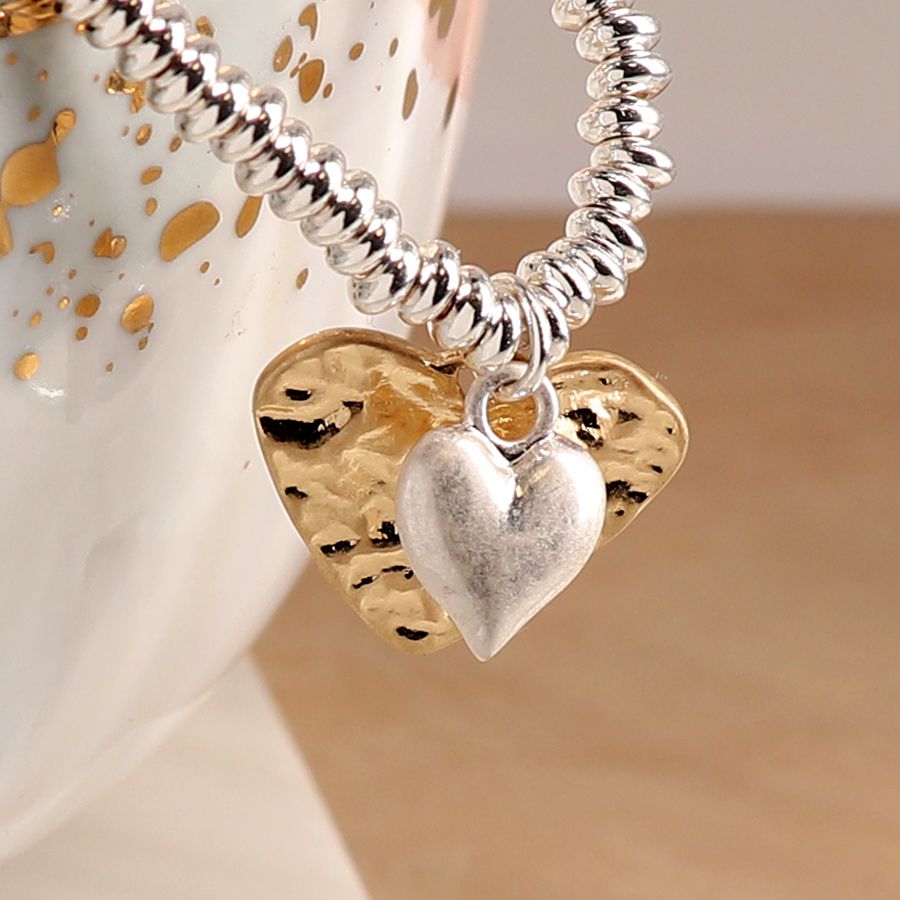 POM Silver Plated Bead Bracelet with Golden Hammered Heart and Silver Puff Heart - More Than Just a Gift | Narborough Hall