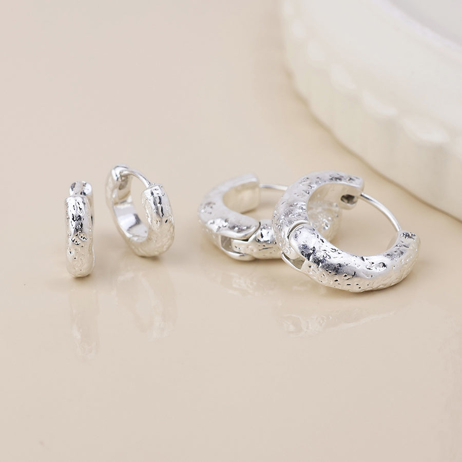 POM Molten Silver plated worn textured huggie hoop duo