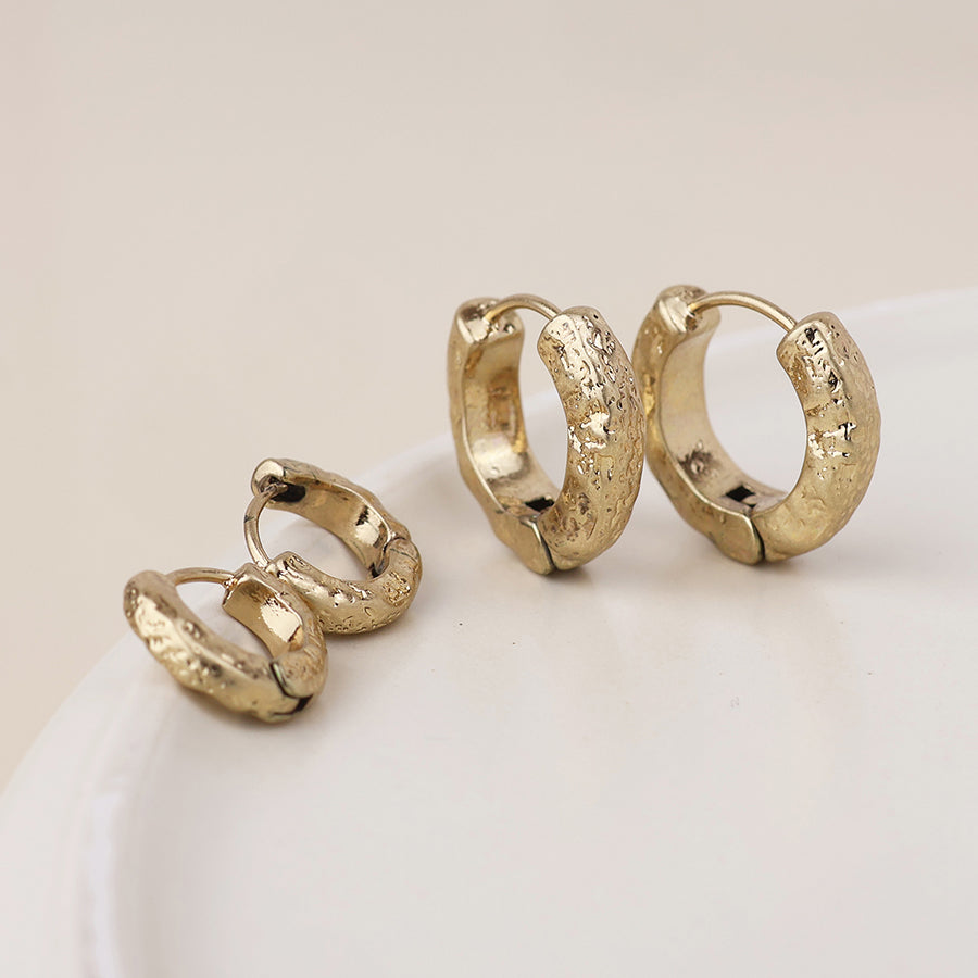 POM Molten Golden worn textured huggie hoop duo