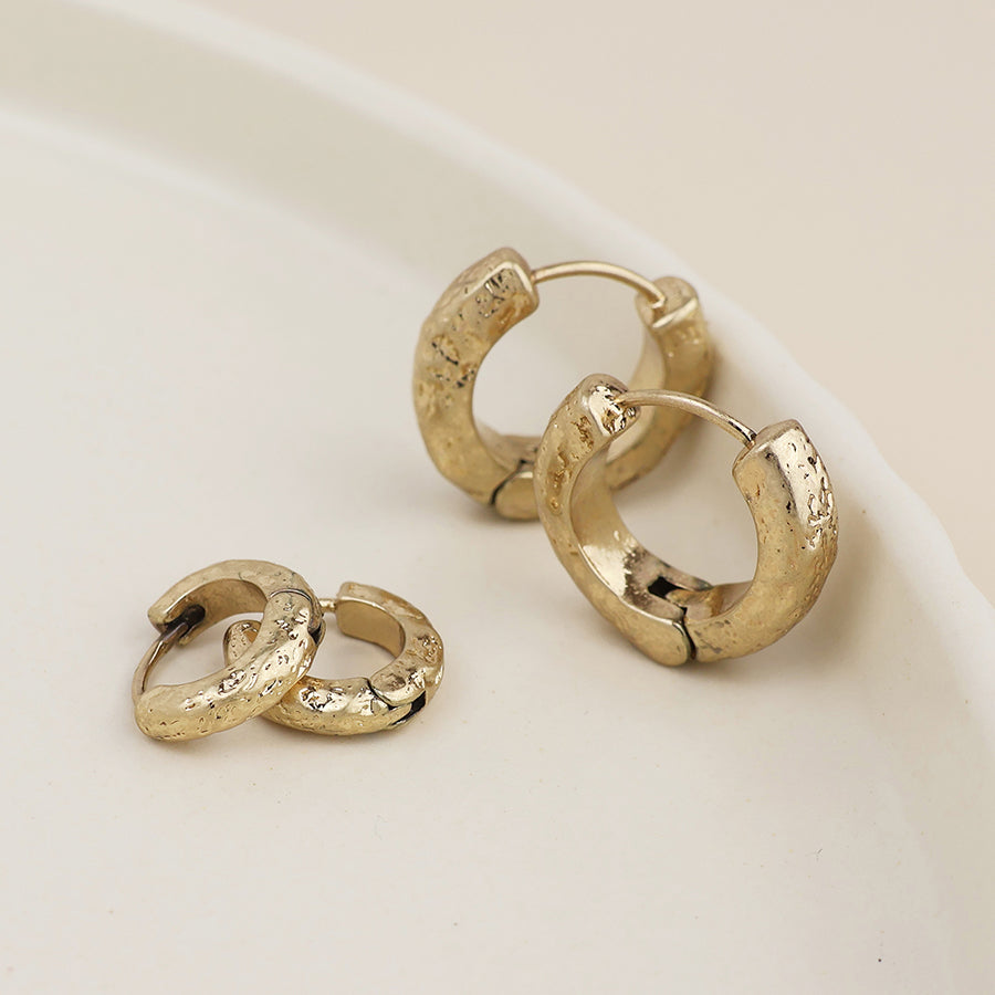 POM Molten Golden worn textured huggie hoop duo