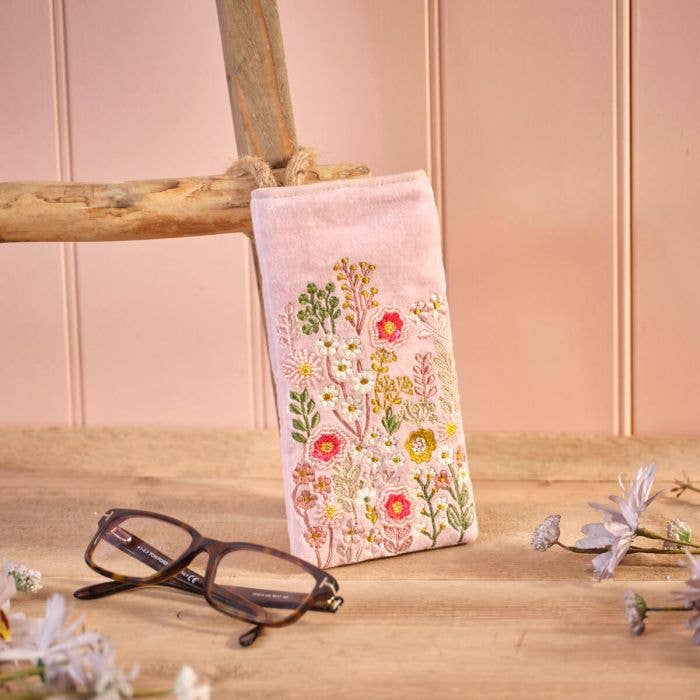 Ditsy Floral Velvet Fabric Embroidery And Glass Beads Glasses Case