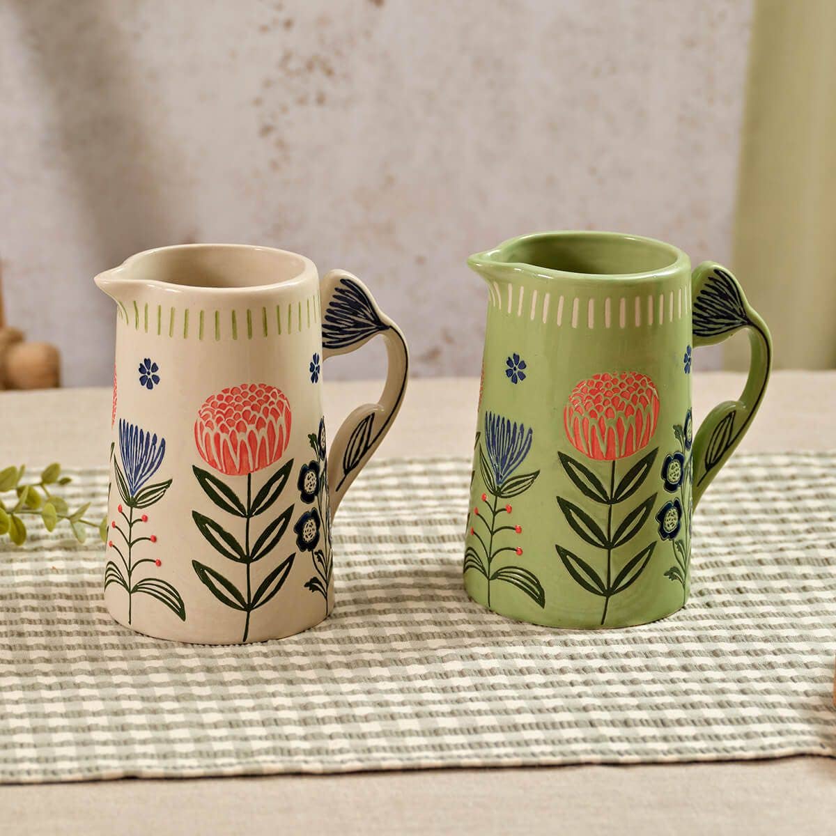 Flourish And Foliage Decorative Stoneware Embossed Jug With Flower Handle 2 Asstd