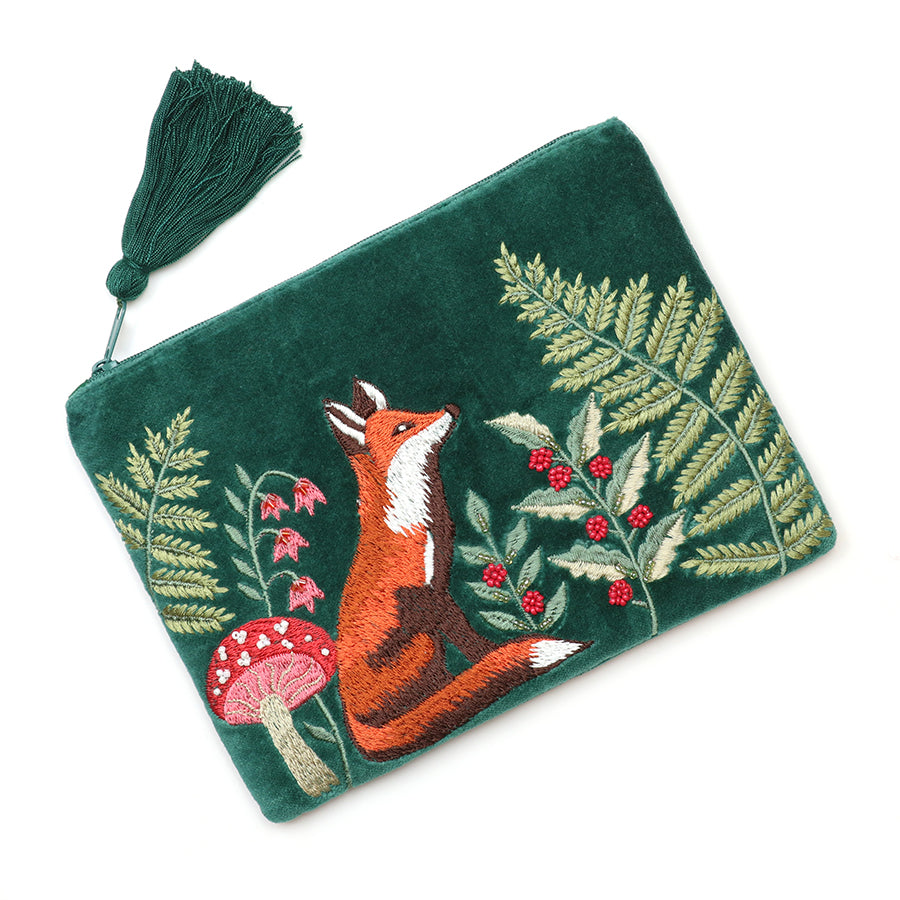 POM Festive Fox Deep green velvet embroidered woodland fox zip purse