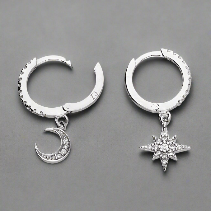 Sterling Silver CZ Star & Moon Huggie Earrings - More Than Just a Gift | Narborough Hall
