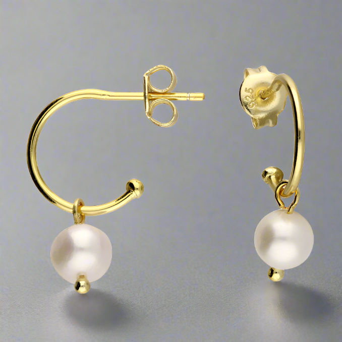 Gold Plated Sterling Silver 14mm Freshwater Pearl Charm Stud Hoop Earrings - More Than Just a Gift | Narborough Hall