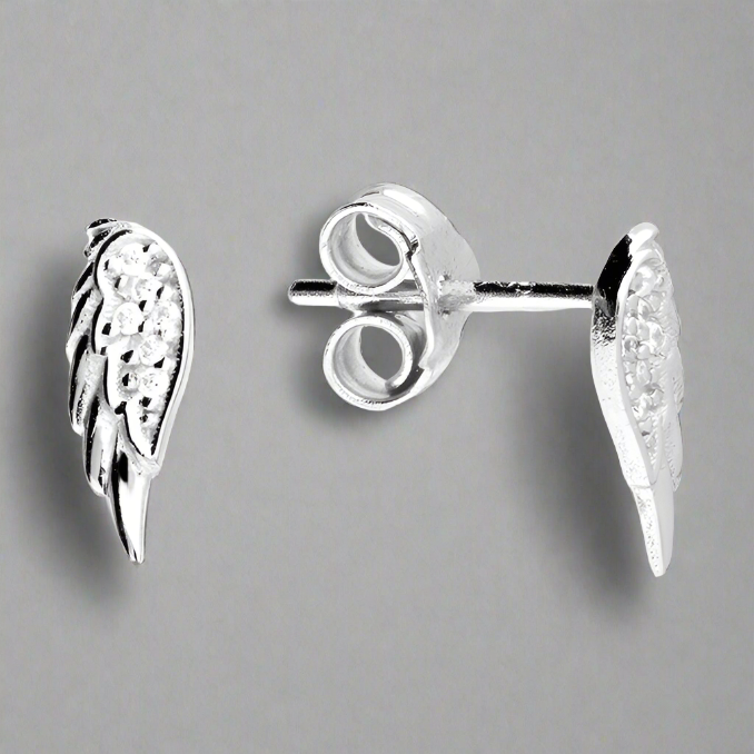 Sterling Silver Cubic Zirconia Angel Wing Stud Earrings