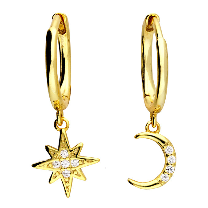 Sterling Silver Gold-plated CZ Moon and Star Charm Huggies - More Than Just a Gift | Narborough Hall
