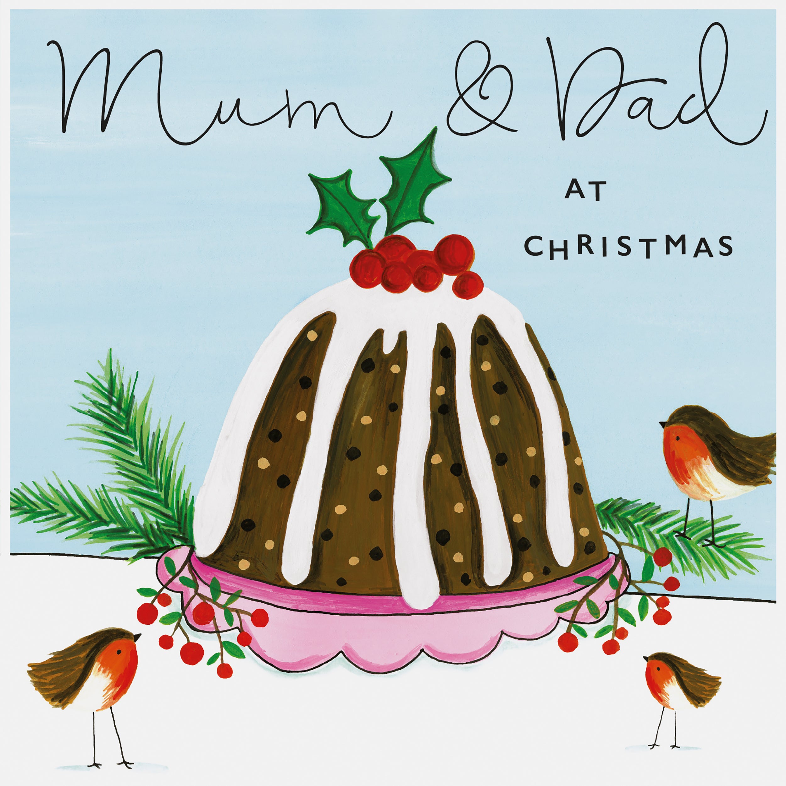 Janie Wilson Mum & Dad at Christmas – Christmas Pudding & Robins Christmas Card