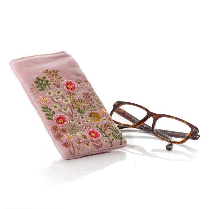 Ditsy Floral Velvet Fabric Embroidery And Glass Beads Glasses Case