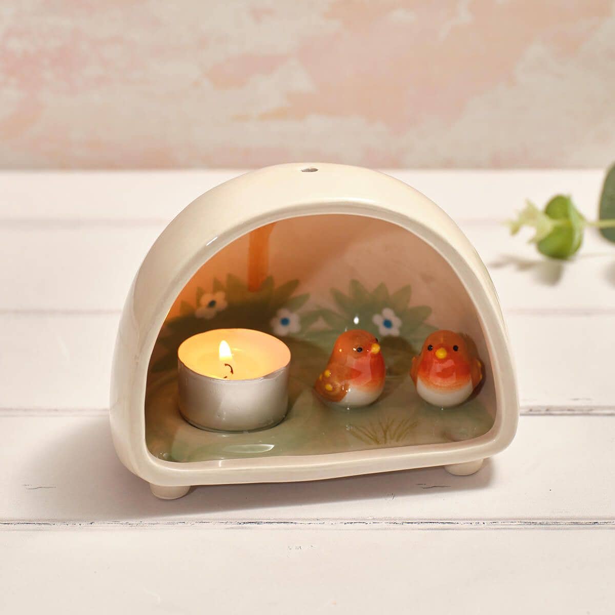 Tiny World Boxed Robin Decorative Dome Scene Ceramic Tealight Holder With Legs