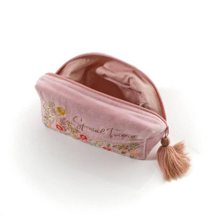 Ditsy Floral Velvet Fabric Embroidery And Glass Beads Special Friend Rectangular Make Up Bag
