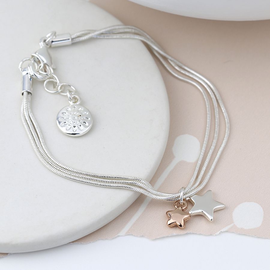 POM Triple Chain Bracelet with Rose Gold & Silver Stars - More Than Just a Gift | Narborough Hall