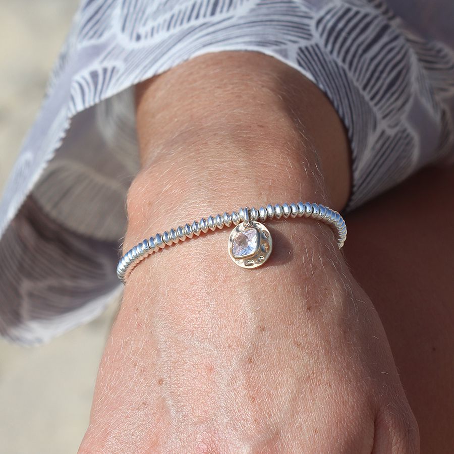 POM Silver Plated Bead Bracelet With Golden Disc And Crystal