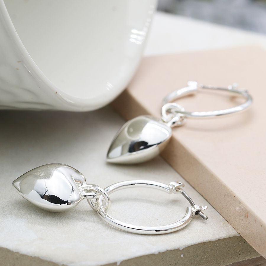 POM Silver Plated Hoop Earrings With Large Gold Plated Puff Heart Charms