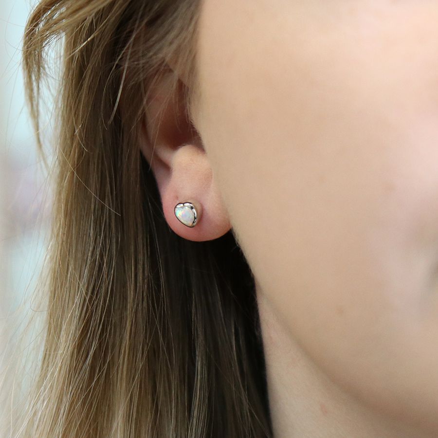 POM Sterling Silver Opal Heart Stud Earrings