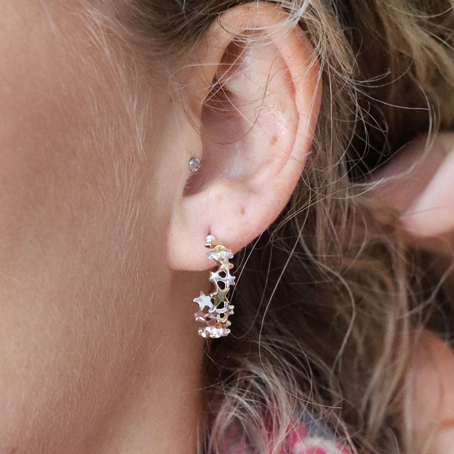 POM Sterling Silver Gold Plated Multi Star Hoop Earrings
